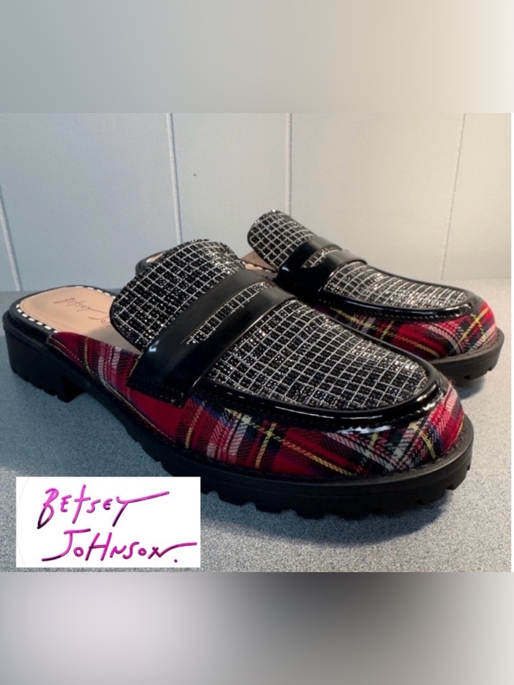 Betsey Johnson Ronin Plaid and Rhinestone Embellished Mule Loafers. 7 1/2